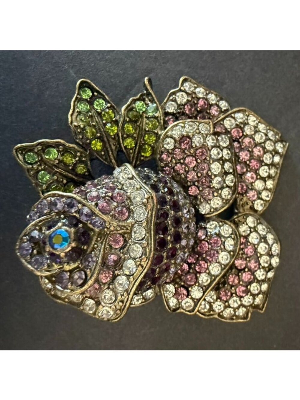 Vtg Joan Rivers Rose Brooch Pave Rhinestones Large Size Purple Pink & Green